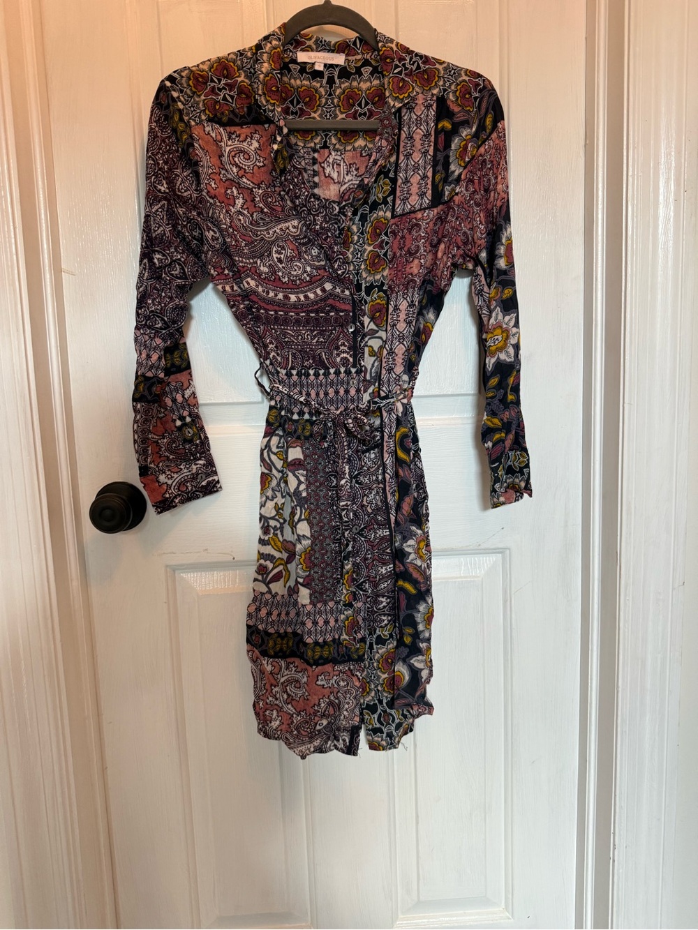 Olivaceous Patchwork Paisley Wrap Dress - Pink, Black, Yellow